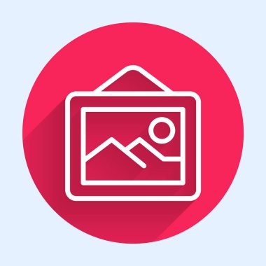 Beyaz çizgi Resim Manzarası simgesi uzun gölge arkaplanı ile izole edildi. Kırmızı daire düğmesi. Vektör