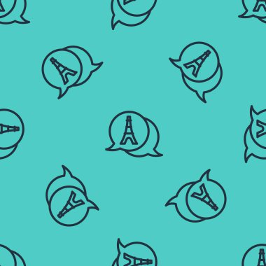 Siyah çizgi Eyfel kulesi ikonu yeşil arka planda izole edilmiş kusursuz desen. Fransa Paris simgesi. Vektör