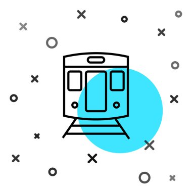 Siyah hat tren ve demiryolu ikonu beyaz arka planda izole edildi. Toplu taşıma sembolü. Metro treni nakliyesi. Metro yeraltı. Rastgele dinamik şekiller. Vektör