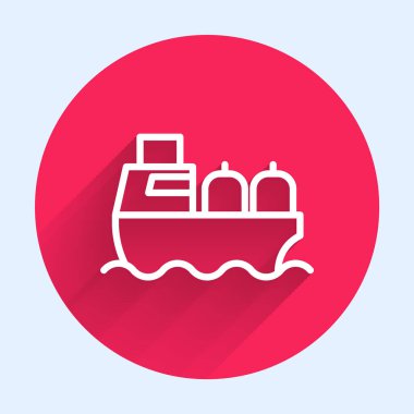 Beyaz çizgi petrol tankeri ikonu uzun gölge arkaplan izole. Kırmızı daire düğmesi. Vektör