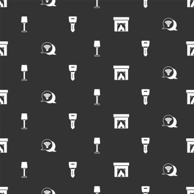 İç şömineyi, kablosuz interneti, masa lambasını ve otelin kapı kilidini kusursuz şablona ayarlayın. Vektör