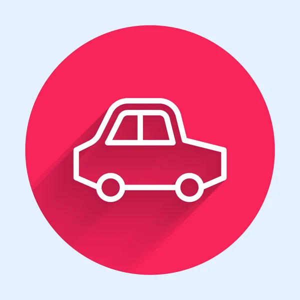 Línea blanca icono de coche de juguete aislado con fondo de sombra larga. Botón círculo rojo. Vector — Vector de stock