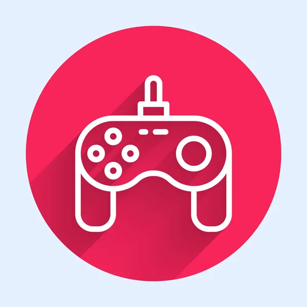 Біла лінія піктограми Gamepad ізольована з довгим тлом тіні. Контролер гри. Кнопка червоного кола. Векторні — стоковий вектор