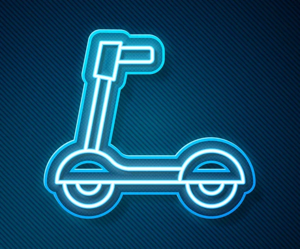 Gloeiende neon lijn Roller scooter voor kinderen pictogram geïsoleerd op blauwe achtergrond. Schop scooter of loopfiets. Vector — Stockvector