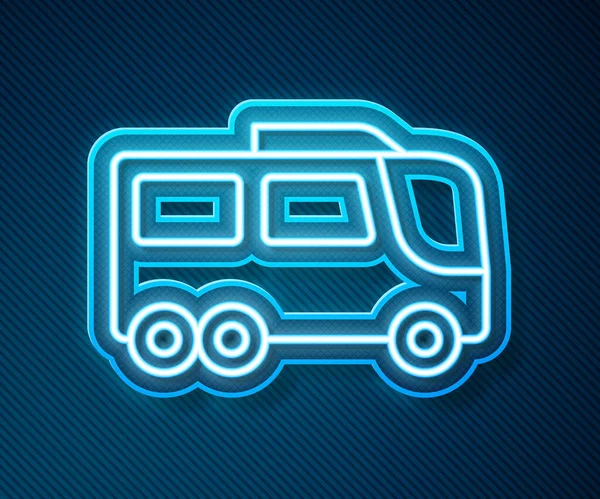 Linea al neon luminosa Icona bus isolata su sfondo blu. Concetto di trasporto. Trasporti turistici in autobus. Turismo o simbolo del veicolo pubblico. Vettore — Vettoriale Stock