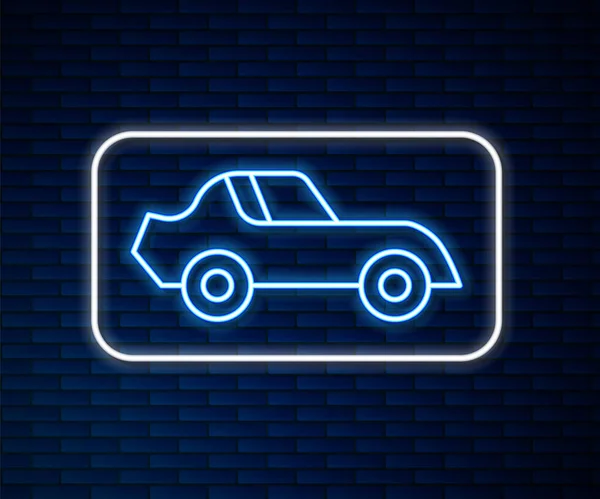 Gloeiende neon lijn Auto pictogram geïsoleerd op baksteen muur achtergrond. Vector — Stockvector