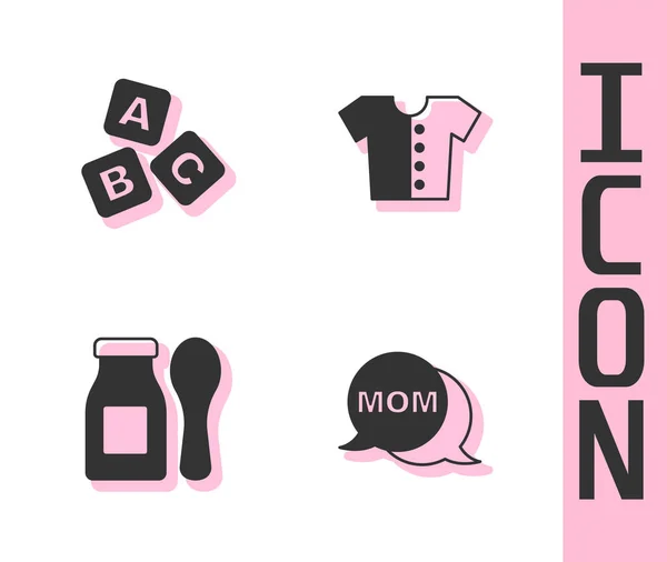 Set bulle de parole maman, blocs ABC, yaourt au biberon avec cuillère et icône de t-shirt bébé. Vecteur — Image vectorielle