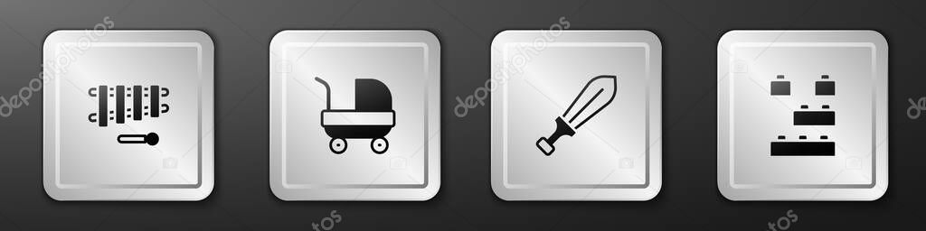 Set Xylophone, Baby stroller, Sword toy and Toy building block bricks icon. Silver square button. Vector