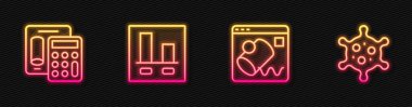 Satır Veri Görselleştirme, Hesap Makinesi, Grafik Çizelgesi ve Virüs bilgilerini ayarla. Parlayan neon ikonu. Vektör