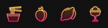 Sıra Lemon, kasede Asya eriştesi, erik meyvesi ve dondurma. Parlayan neon ikonu. Vektör