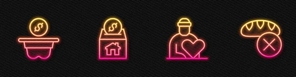 Set line Volunteer, Donation money, and charity and food. Glowing neon icon. Vector — Stock Vector