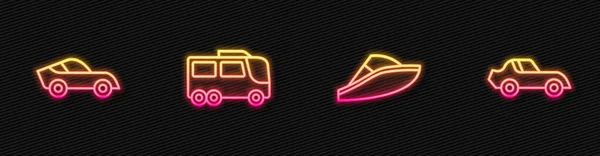 Stel lijn Speedboot, Auto, Bus en. Een gloeiend neon icoon. Vector — Stockvector