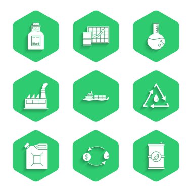 Petrol tankeri, takas, biyo yakıt varili, geri dönüşümlü iniş tüpü benzin, sanayi fabrikası binası, benzin test tüpü ve ikonu ayarlayın. Vektör