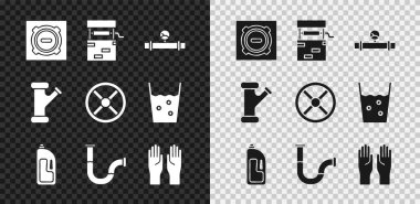 Kanalizasyon kapağını, sanayi borusunu ve manometreyi, lavabo açıcı, metal, lastik eldiven ve kapakçık ikonlu konteynırı ayarla. Vektör