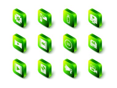 Sinema kamerası, USB flash disk, Online oyun videosu, 4k, 3D kelime, Megaphone ve CD disk çerçeve ikonu içeren dizüstü bilgisayar ayarlayın. Vektör