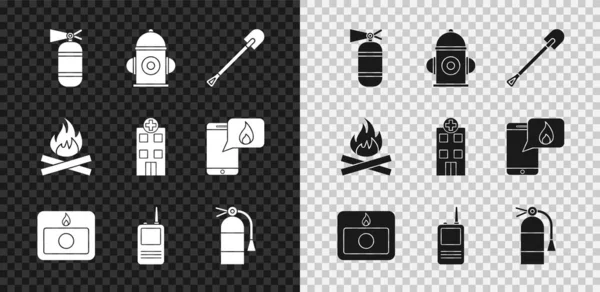 Set Fire extinguisher, hydrant, shovel, alarm system, Walkie talkie, Campfire and Medical hospital building icon. Vector — Stock Vector