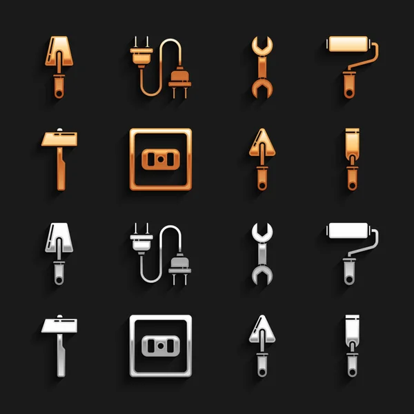 Set Elektrické zásuvky, Paint váleček štětec, Rasp kovový pilník, Trowel, Hammer, klíč klíč, a plug ikona. Vektor — Stockový vektor