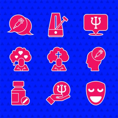 Set Man, cenaze kederi, psikoloji, komedi tiyatrosu maskesi, uyuşturucu bağımlılığı, yatıştırıcı haplar, kırık kalp boşanması ve ikon. Vektör