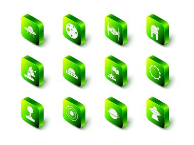 Mars Gezegeni, Kozmik Gemi, Astronomik Gözlemevi, Güneş, UFO uçan uzay gemisi, Bayrağı olan Ay, Satürn ve Güneş sistemi simgesi. Vektör