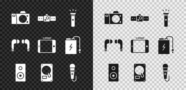 Set Appareil photo, Smartwatch, lampe de poche, haut-parleur stéréo, disque dur disque dur, microphone, écouteurs Air et icône de tablette graphique. Vecteur — Image vectorielle