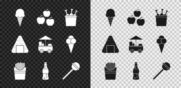 Set Ice cream in waffle cone, Apple, Chicken leg package box, Potatoes french fries, Bottle of water, Lollipop, Onigiri and Fast street food cart icon. Vector — Stock Vector