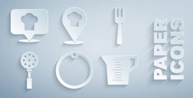 Kesme tahtası, Çatal, Spatula, ölçü kabı, konumu ve ikonu olan şef şapkası ayarlayın. Vektör