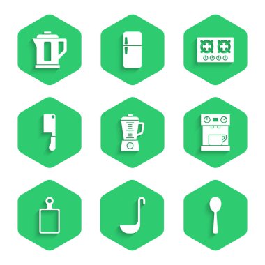 Blender, mutfak kepçesi, kaşık, kahve makinesi, kesme tahtası, et helikopteri, gaz sobası ve elektrikli su ısıtıcısı ikonu. Vektör