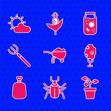 Çamurlu el arabası, böcek sineği, saksıda bitki, ağaç elması, tam çuval, bahçe yabası, reçel kavanozu ve güneş ve bulut hava ikonu. Vektör