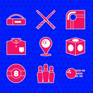 Yeri bilardo topu, bovling pimi, bilardo tebeşiri, gömlek, masa ve bilardo ikonu olarak ayarla. Vektör