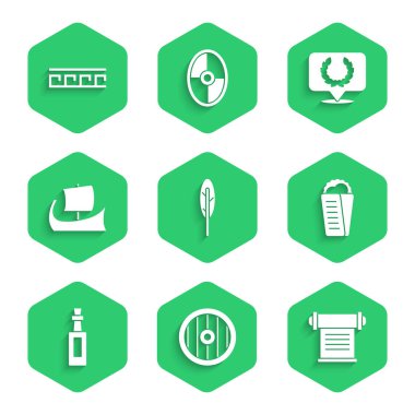 Tüy kalemi, Yunan kalkanı, ferman, parşömen, parşömen, Gyros Pita, bir şişe zeytin yağı, trireme, Laurel çelengi ve Kadim desen ikonu. Vektör