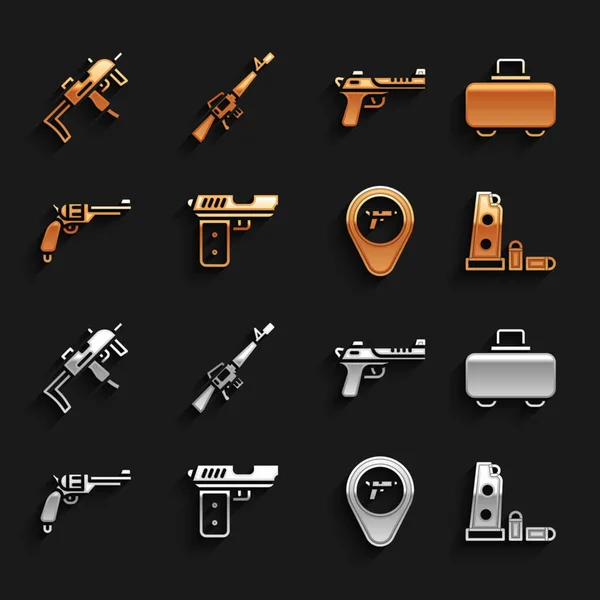 Set Pistol or gun, Weapon case, Gun magazine and bullets, Location with weapon, Revolver, Desert eagle, MP9I submachine and M16A1 rifle icon. Vector — Stock Vector