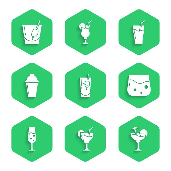 Set Cocktail Bloody Mary, vaso de whisky, champán, coctelera, zumo e icono. Vector — Vector de stock