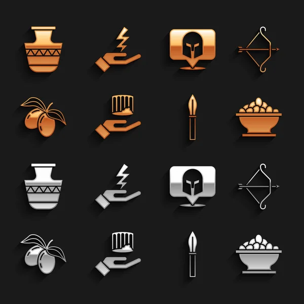 Set Oude zuil, middeleeuwse pijl met pijl, olijven in kom, speer, tak, Griekse helm, amforen en Zeus icoon. Vector — Stockvector