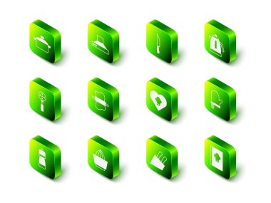 Mutfak vantilatörü, bıçak, elektrikli su ısıtıcısı, fırın eldiveni, yemek kitabı, aşçı şapkası ve meyve sıkacağı ikonu. Vektör