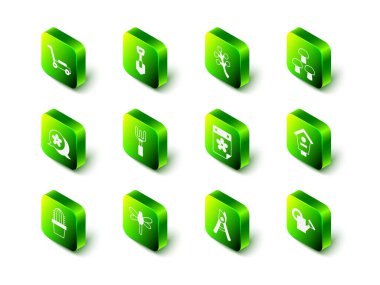 Kürek, çiçek ağacı dalı, mantar, kuş evi, sulama kutusu, çiçekli takvim, el yapımı makas ve yusufçuk ikonu. Vektör