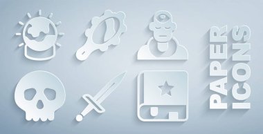 Set Hançeri, Büyücü Büyücüsü, Kafatası, Eskiler 'in büyü kitabı, sihirli el aynası ve top ikonu. Vektör