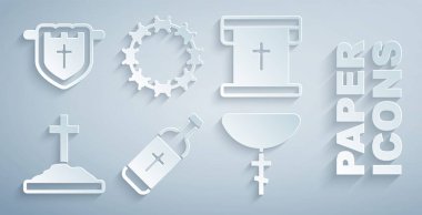 Kutsal su şişesi koyun, Hristiyan haçlı bayrak, Mezar, Hıristiyan zinciri, dikenli taç ve ikon. Vektör