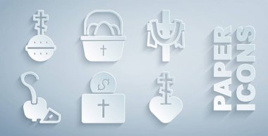 Kilise için bağış, Hıristiyan haçı, sihirli personel, dindar yürekli, paskalya yumurtası ve ikonlu sepet. Vektör