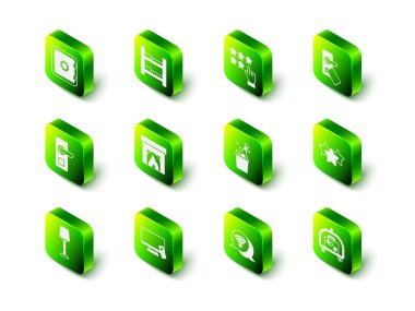 Otel odası yatağı, yıldız derecesi, dijital kapı kilidi, bagaj arabası, şampanya şişesi, kablosuz internet ve akıllı televizyon ikonu. Vektör