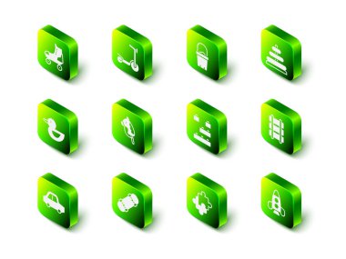 Patenli scooter, kovadaki kum, piramit oyuncağı, oyuncak tren yolu, roket gemisi, yapı taşı tuğlaları, yapboz parçaları ve kaykay ikonu. Vektör