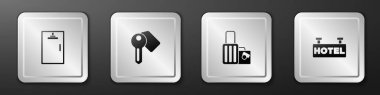 Duş kabini, otelin kapı kilidi anahtarı, bavul ve metin ikonlu imza panosu. Gümüş kare düğme. Vektör
