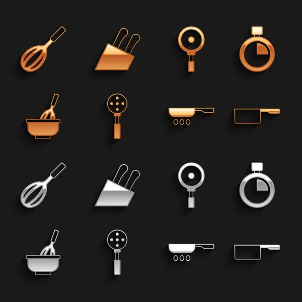 Spatula, Stopwatch, Saucepan, Frying, Kitchen whk with bowl, Knife icon. Vector — 스톡 벡터
