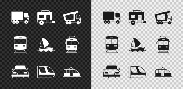 Set Dodávka nákladní vůz, Rv Camping přívěs, Auto, Vlak a železnice, Tramvaj, a jachta plachetnice ikona. Vektor — Stockový vektor