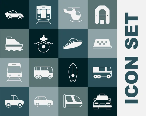 Set Taxi car, Bus, techo, helicóptero, submarino, crucero, coche y lancha rápida icono. Vector — Vector de stock