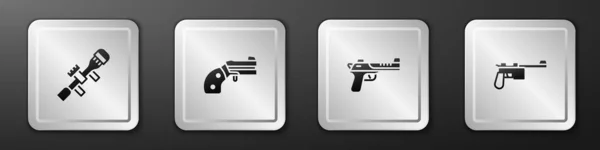 Set Scharfschützen-Zielfernrohr, Kleinkaliberrevolver, Wüstenadler und Mauser-Symbol. Silberner quadratischer Knopf. Vektor — Stockvektor