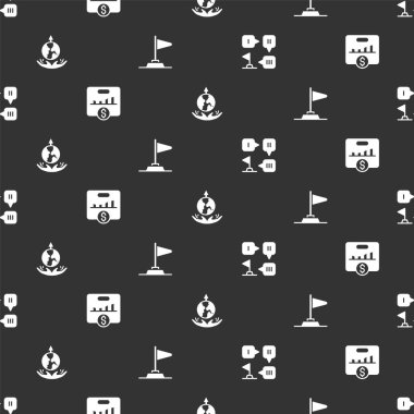 Planlama stratejisi, anahtar performans göstergesi, dünya genişlemesi ve kusursuz desen üzerine bayrak. Vektör