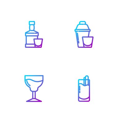 Kokteyl Bloody Mary, şarap bardağı, viski şişesi ve karıştırıcı. Renk simgeleri. Vektör