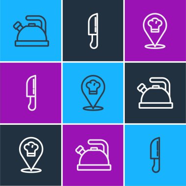 Kettle 'ı kulplu, Chef şapkalı ve Bıçak ikonlu ayarla. Vektör