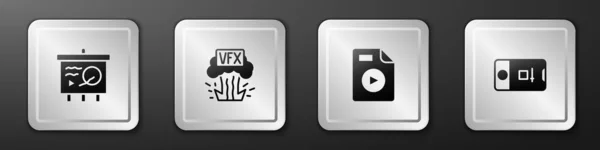 Zestaw Scenariusz na tablicy, VFX, dokument AVI i ikona fotografowania zdjęć i wideo. Srebrny przycisk. Wektor — Wektor stockowy