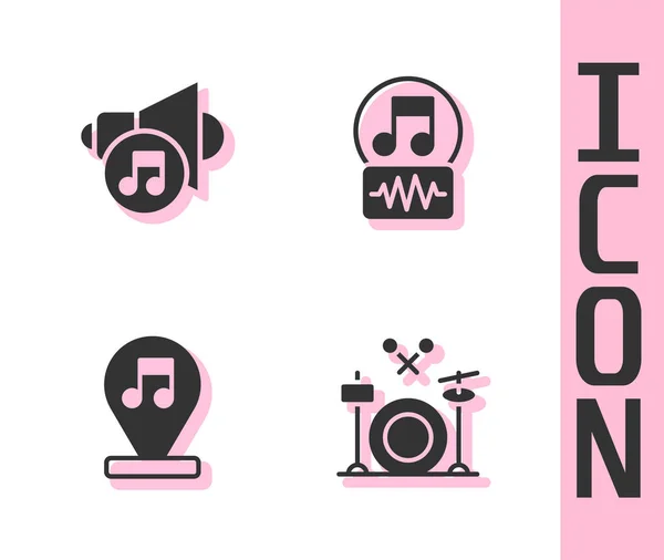 Conjunto de tambores, volumen del altavoz, nota de música, tono e icono. Vector — Vector de stock